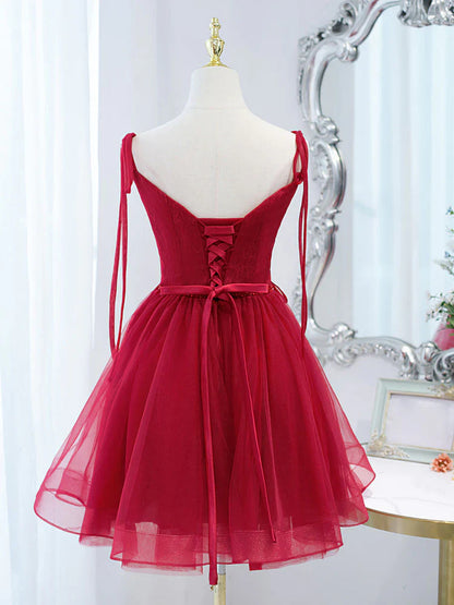 Vestido de fiesta corto de tul burdeos con encaje, vestido de fiesta burdeos ED0758