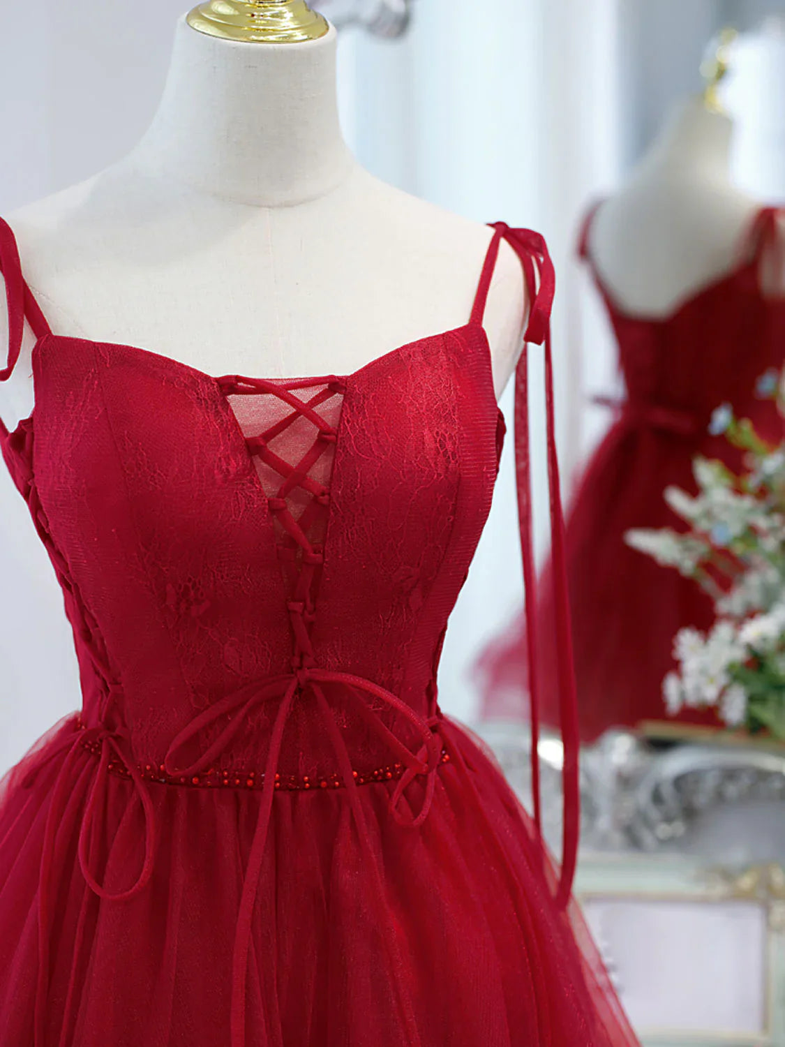 Vestido de fiesta corto de tul burdeos con encaje, vestido de fiesta burdeos ED0758