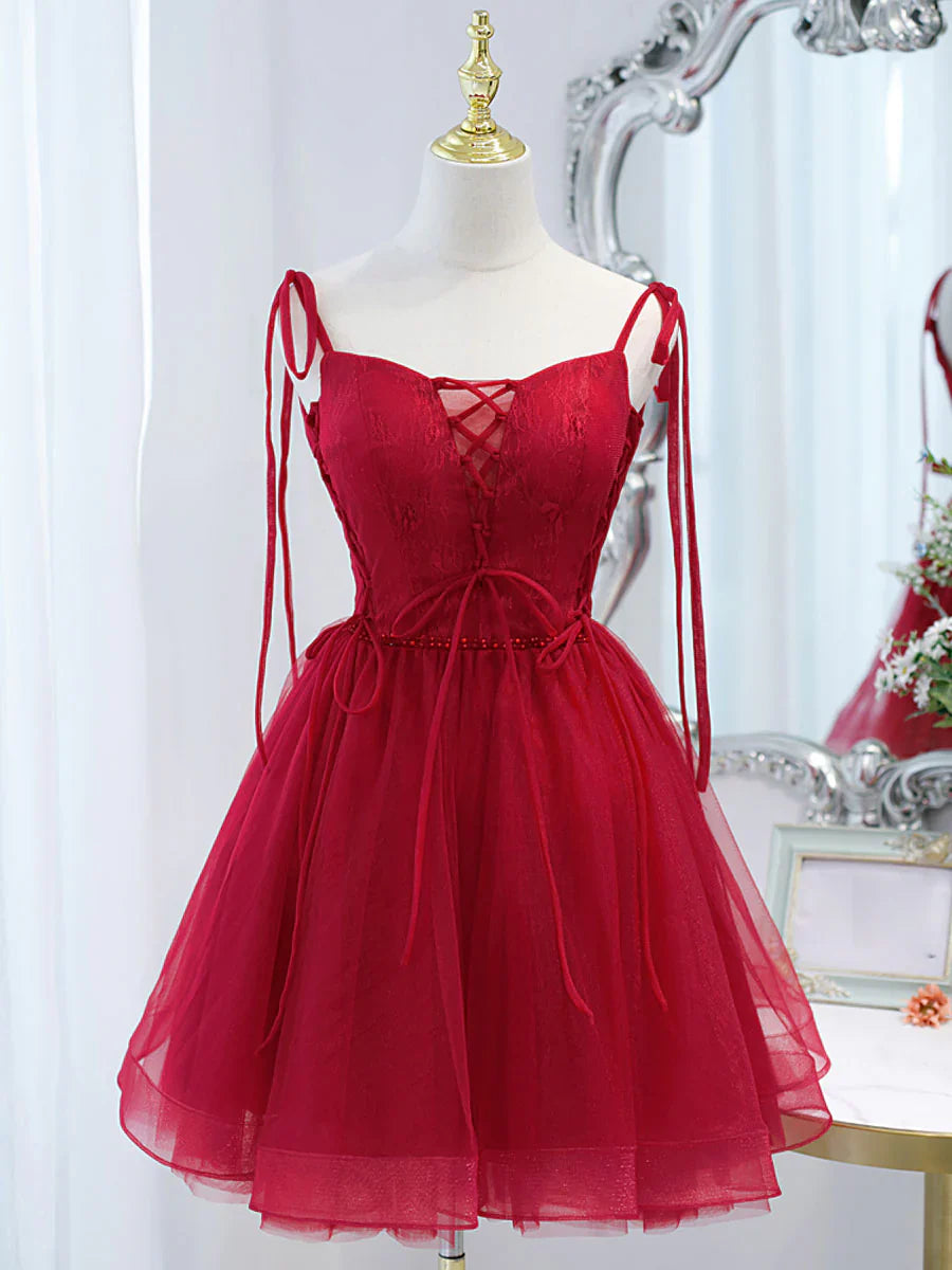 Vestido de fiesta corto de tul burdeos con encaje, vestido de fiesta burdeos ED0758