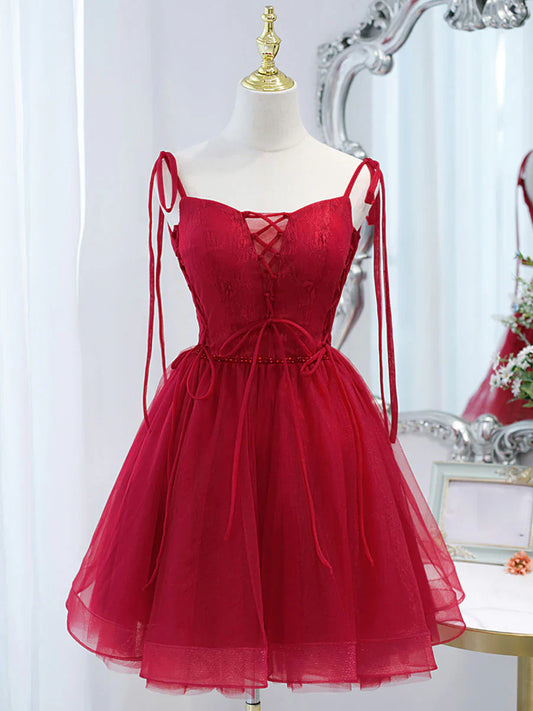 Vestido de fiesta corto de tul burdeos con encaje, vestido de fiesta burdeos ED0758