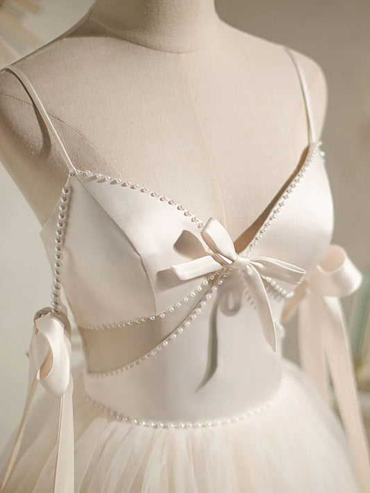 Vestido de fiesta corto de tul beige con corte en A, vestido de fiesta de tul beige ED0759