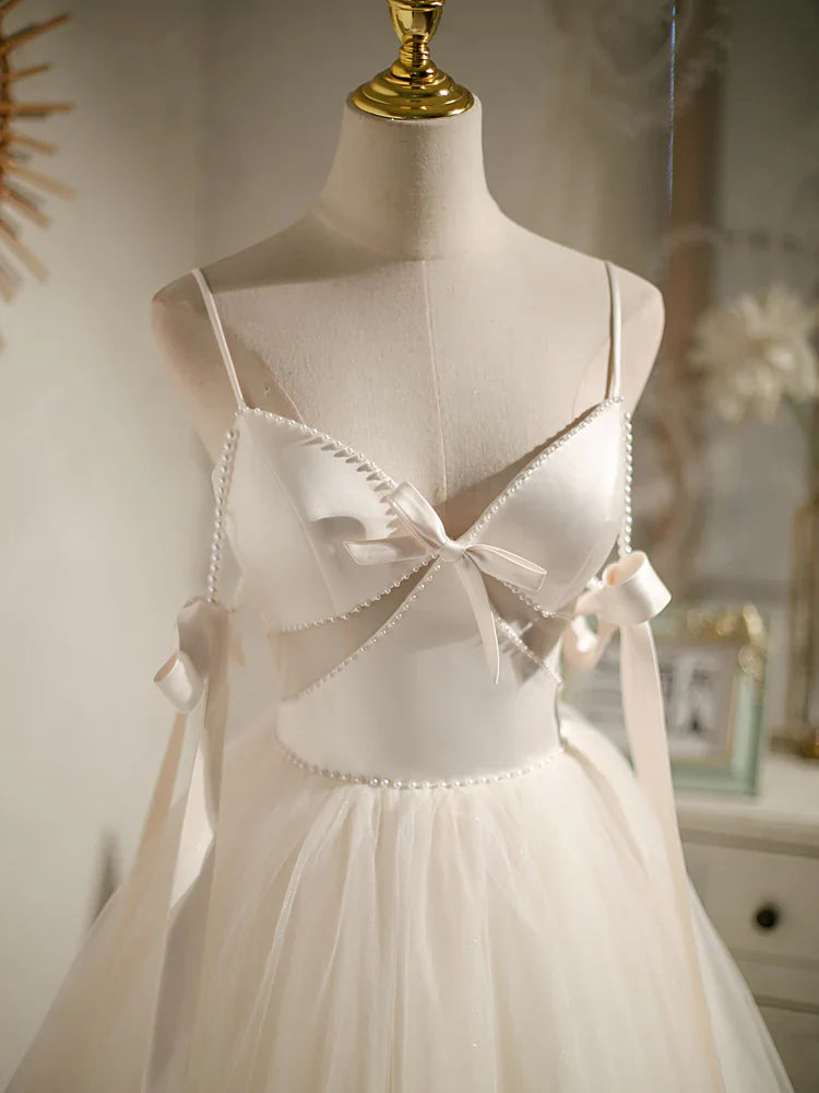 Vestido de fiesta corto de tul beige con corte en A, vestido de fiesta de tul beige ED0759