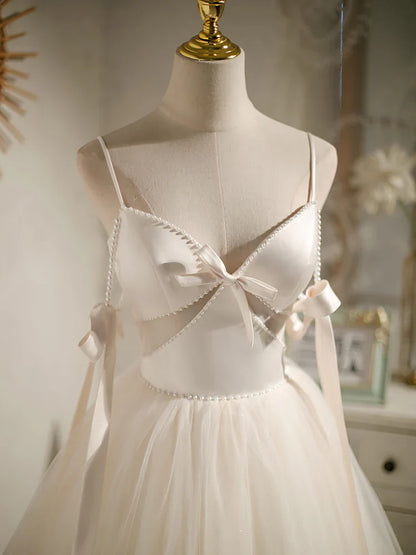 Vestido de fiesta corto de tul beige con corte en A, vestido de fiesta de tul beige ED0759