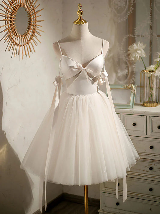 Vestido de fiesta corto de tul beige con corte en A, vestido de fiesta de tul beige ED0759