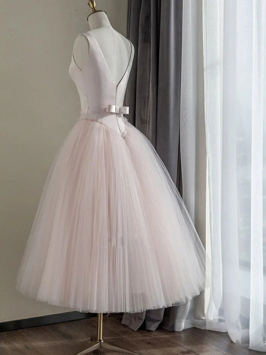 Vestido de fiesta corto de satén con cuello redondo sencillo, vestido de dama de honor de tul rosa ED0760