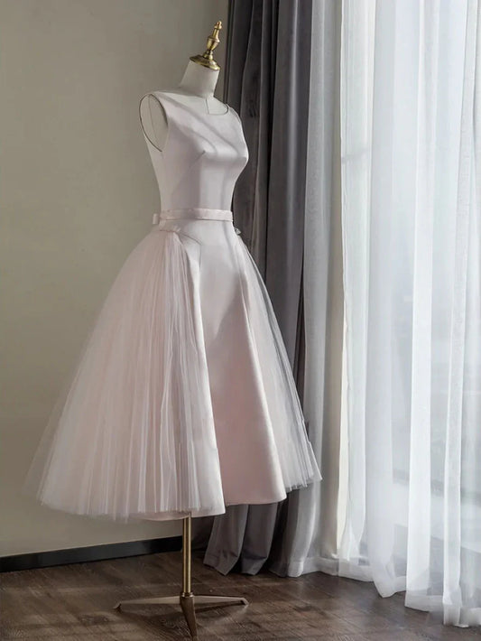 Vestido de fiesta corto de satén con cuello redondo sencillo, vestido de dama de honor de tul rosa ED0760