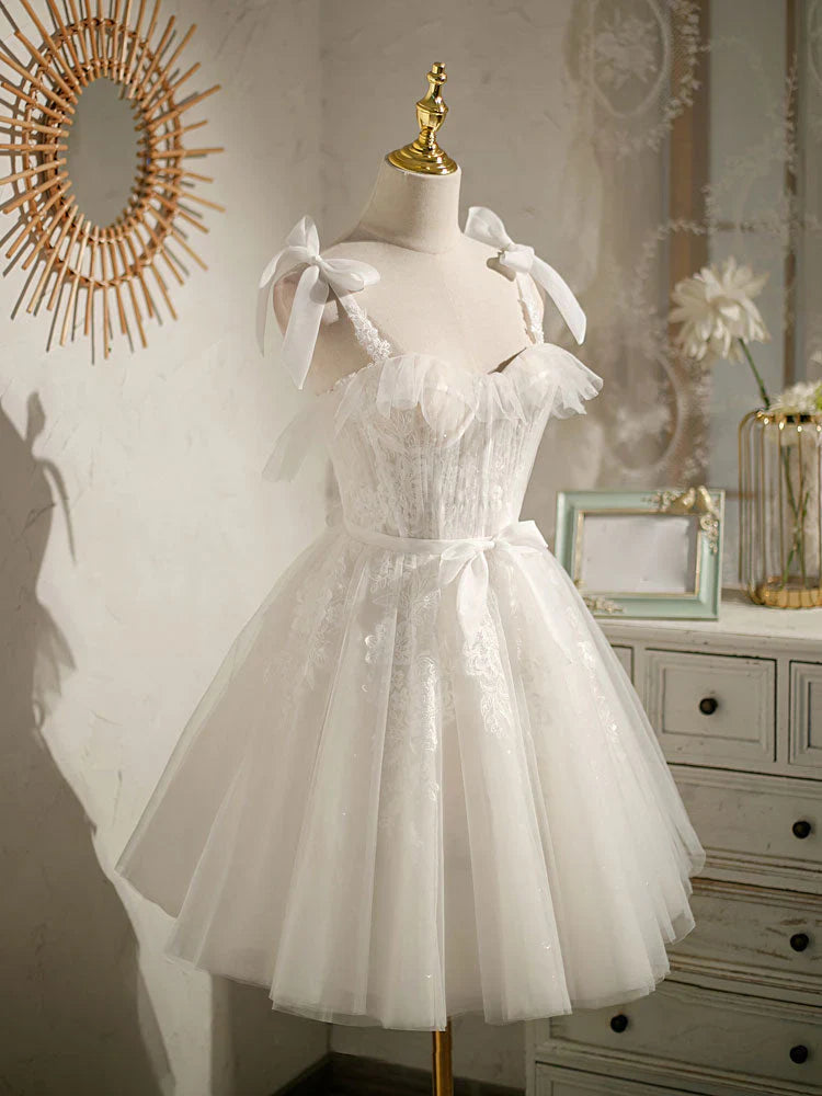 Vestido de fiesta corto de tul blanco con escote en forma de corazón y encaje, vestido formal de tul blanco ED0761