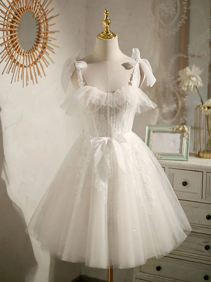 Vestido de fiesta corto de tul blanco con escote en forma de corazón y encaje, vestido formal de tul blanco ED0761
