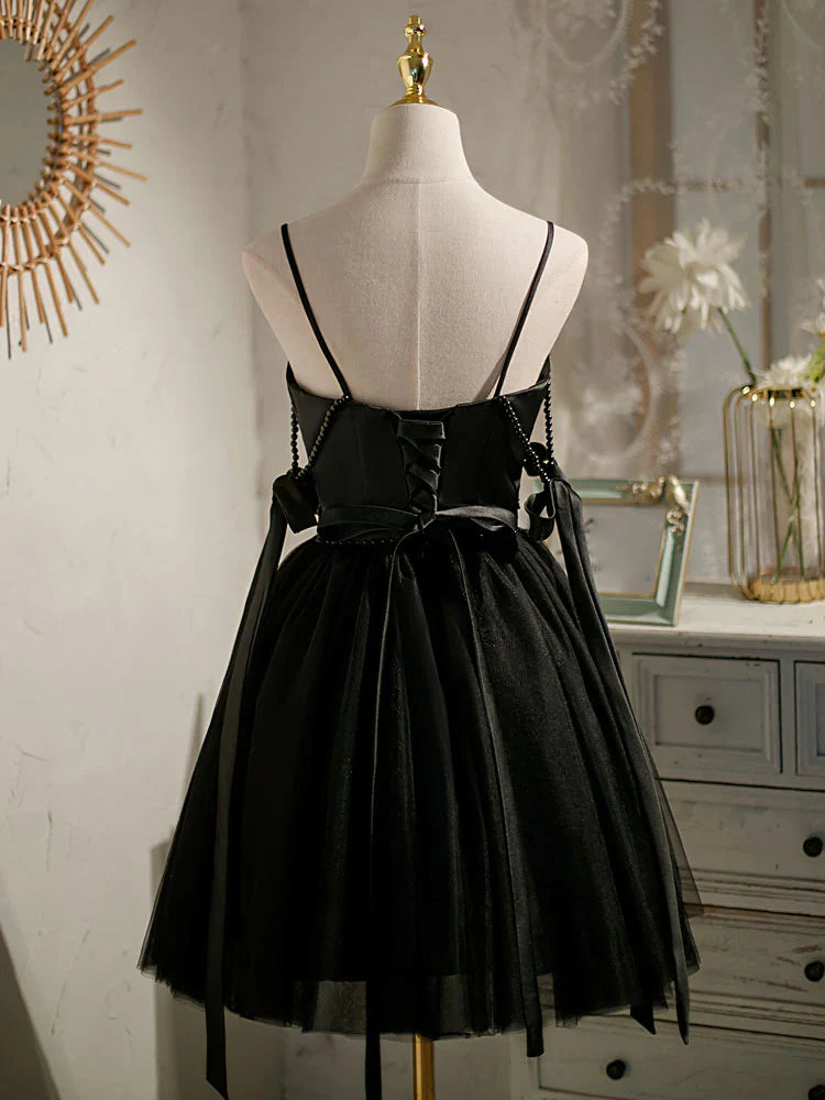 Vestido de fiesta corto de tul negro con corte en A, vestido de fiesta negro ED0762