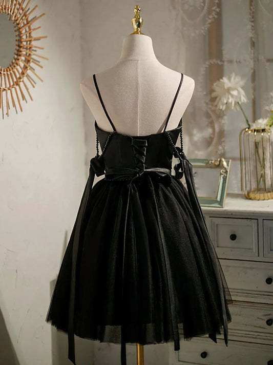 Vestido de fiesta corto de tul negro con corte en A, vestido de fiesta negro ED0762
