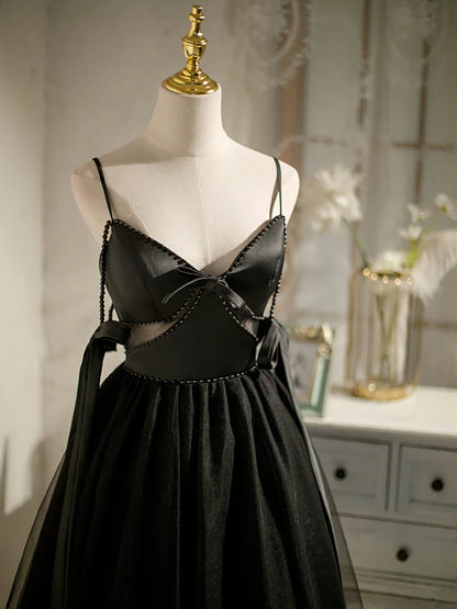 Vestido de fiesta corto de tul negro con corte en A, vestido de fiesta negro ED0762