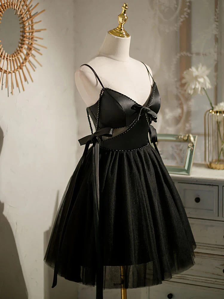 Vestido de fiesta corto de tul negro con corte en A, vestido de fiesta negro ED0762