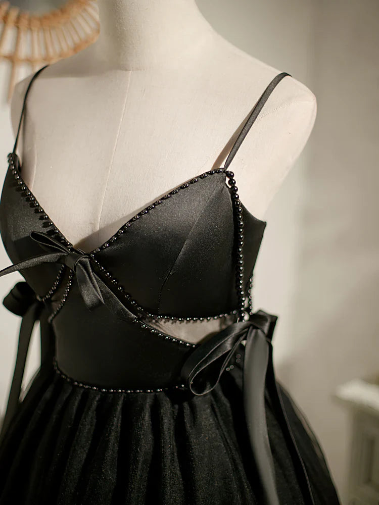 Vestido de fiesta corto de tul negro con corte en A, vestido de fiesta negro ED0762