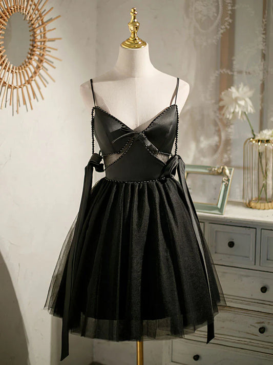 Vestido de fiesta corto de tul negro con corte en A, vestido de fiesta negro ED0762