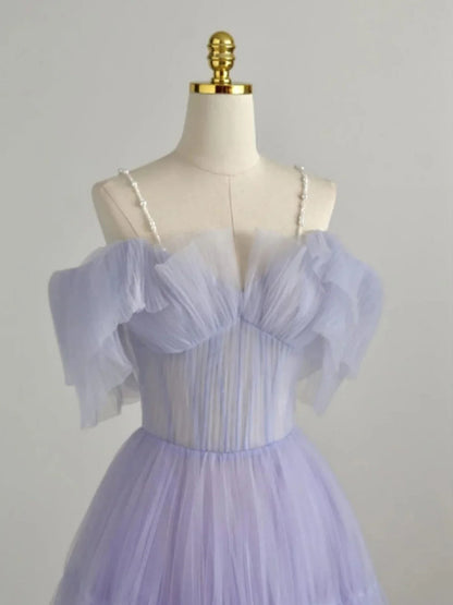 Vestido de fiesta largo de tul morado con corte en A, vestido formal morado ED0765