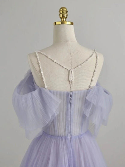 Vestido de fiesta largo de tul morado con corte en A, vestido formal morado ED0765