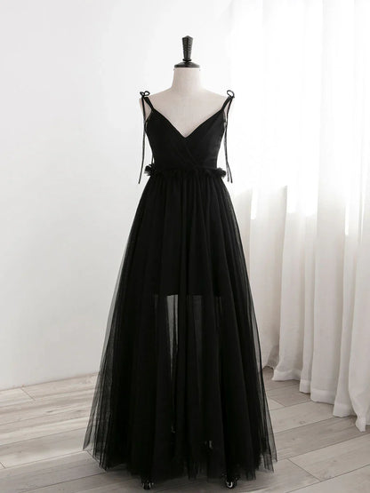 Vestidos de fiesta largos de tul negro con corte en A, vestidos de noche formales negros ED0776