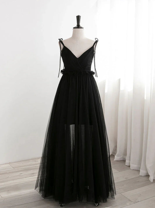 Vestidos de fiesta largos de tul negro con corte en A, vestidos de noche formales negros ED0776