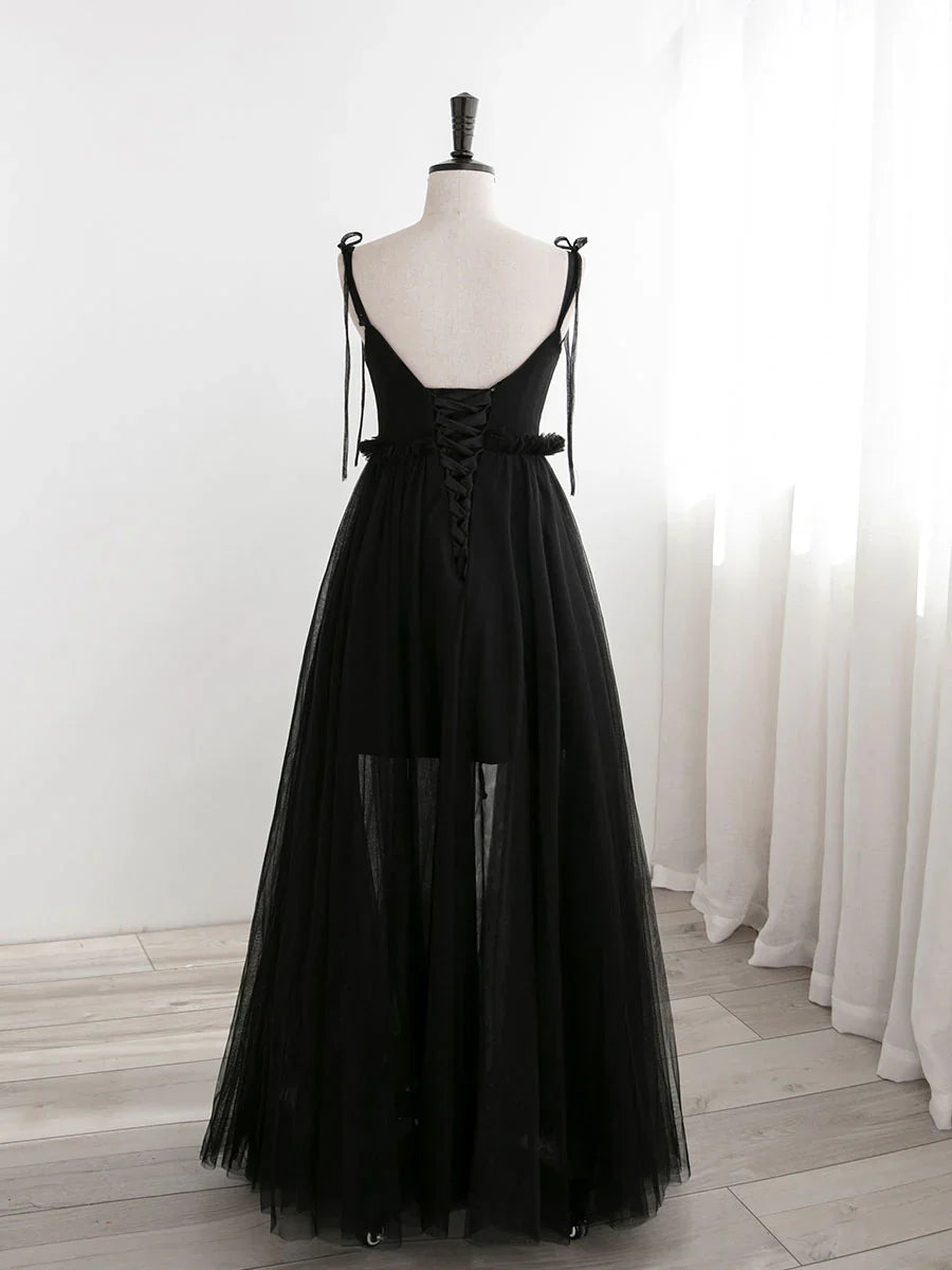 Vestidos de fiesta largos de tul negro con corte en A, vestidos de noche formales negros ED0776