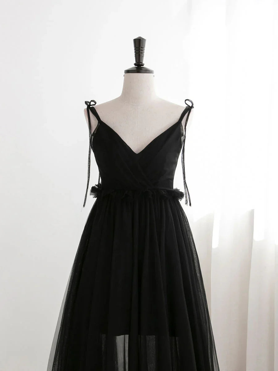Vestidos de fiesta largos de tul negro con corte en A, vestidos de noche formales negros ED0776
