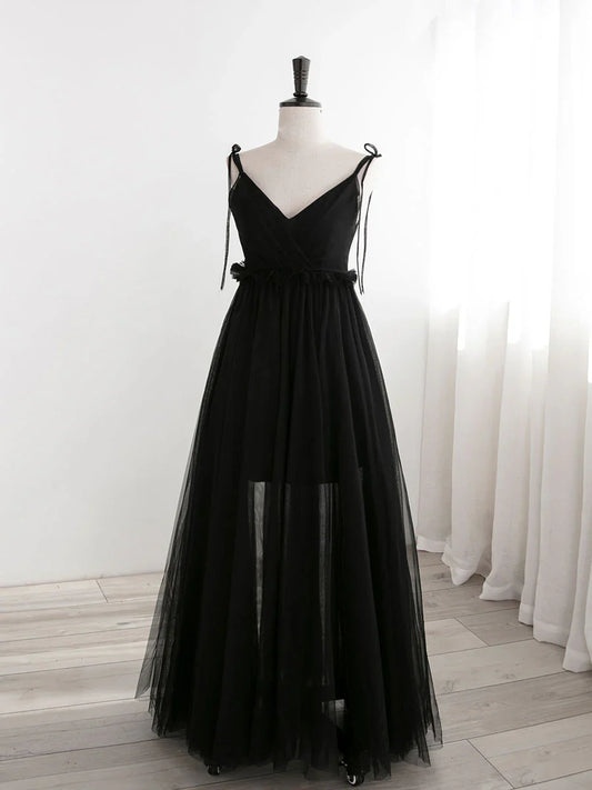 Vestidos de fiesta largos de tul negro con corte en A, vestidos de noche formales negros ED0776