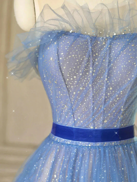 Vestidos de fiesta largos de tul azul con corte en A, vestidos formales de tul azul ED0777