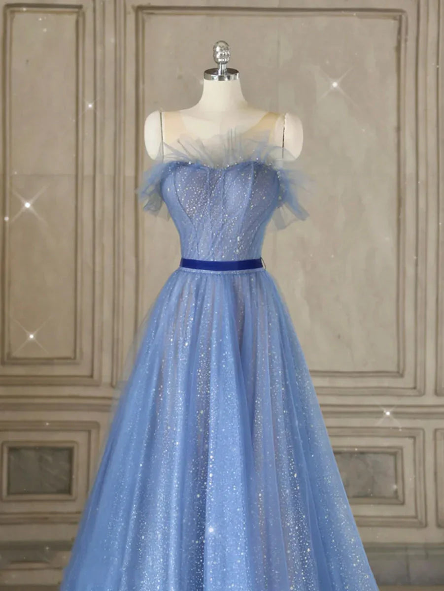 Vestidos de fiesta largos de tul azul con corte en A, vestidos formales de tul azul ED0777