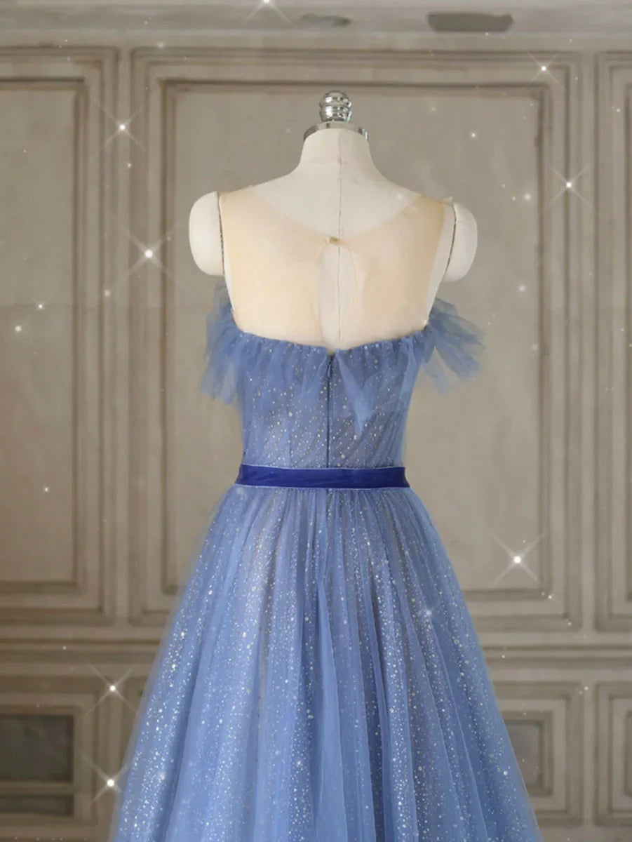 Vestidos de fiesta largos de tul azul con corte en A, vestidos formales de tul azul ED0777