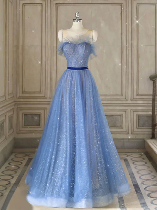 Vestidos de fiesta largos de tul azul con corte en A, vestidos formales de tul azul ED0777