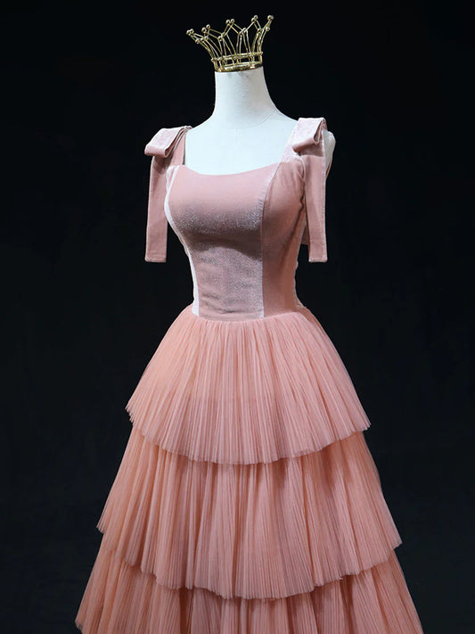 Vestidos de fiesta largos de tul rosa con corte en A, vestidos de graduación formales rosas ED0778