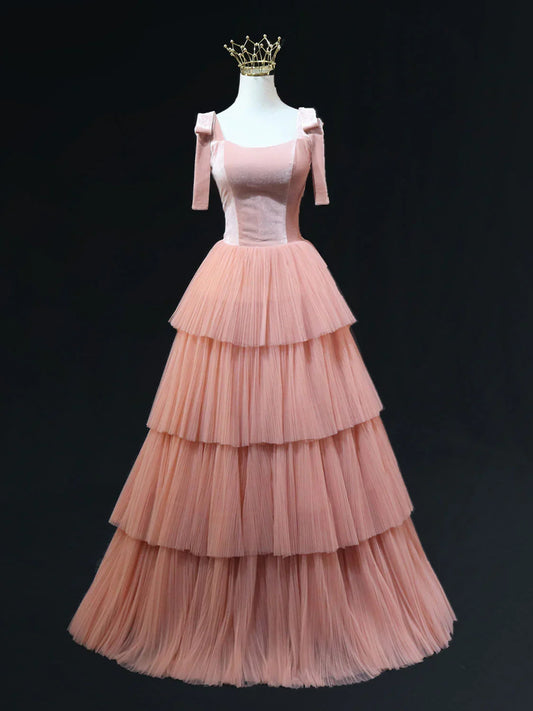 Vestidos de fiesta largos de tul rosa con corte en A, vestidos de graduación formales rosas ED0778