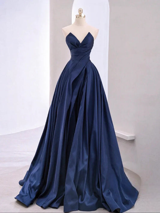 Vestido de fiesta largo de satén azul oscuro con escote en V y corte en A, vestido formal largo azul ED078