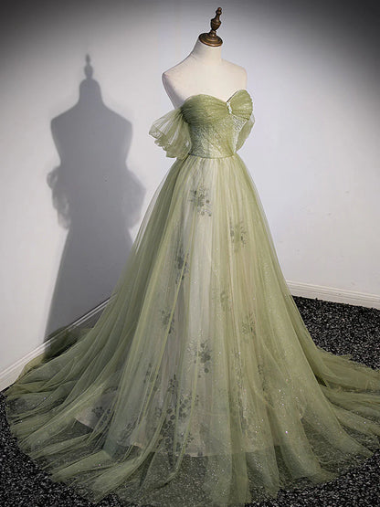 Vestido de fiesta largo verde de corte A, vestido de noche formal de tul verde ED0780