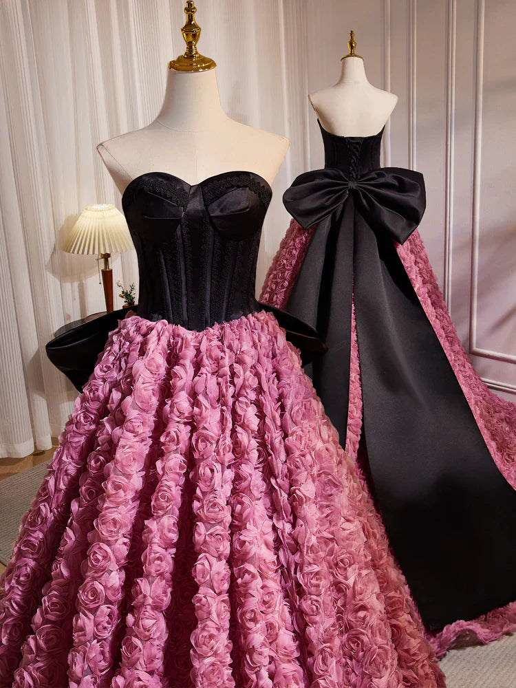 Vestido de fiesta largo rosa con escote corazón y flores 3D, corte en A, vestido formal largo rosa ED079