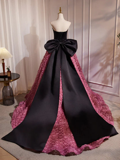 Vestido de fiesta largo rosa con escote corazón y flores 3D, corte en A, vestido formal largo rosa ED079