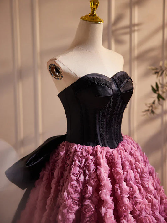 Vestido de fiesta largo rosa con escote corazón y flores 3D, corte en A, vestido formal largo rosa ED079