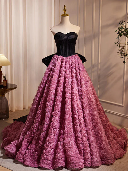 Vestido de fiesta largo rosa con escote corazón y flores 3D, corte en A, vestido formal largo rosa ED079