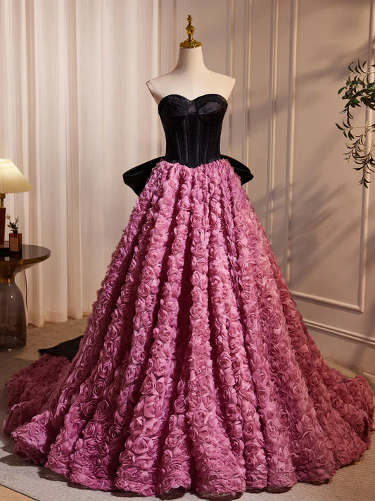 Vestido de fiesta largo rosa con escote corazón y flores 3D, corte en A, vestido formal largo rosa ED079