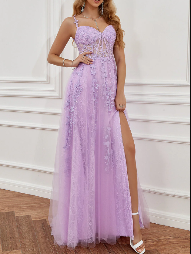 Vestido de fiesta largo azul oscuro con escote corazón, elegante, de tul y encaje, ED080
