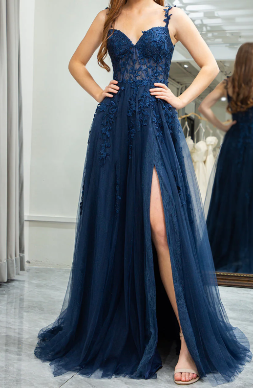Vestido de fiesta largo azul oscuro con escote corazón, elegante, de tul y encaje, ED080