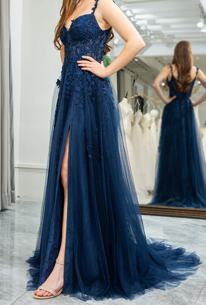 Vestido de fiesta largo azul oscuro con escote corazón, elegante, de tul y encaje, ED080