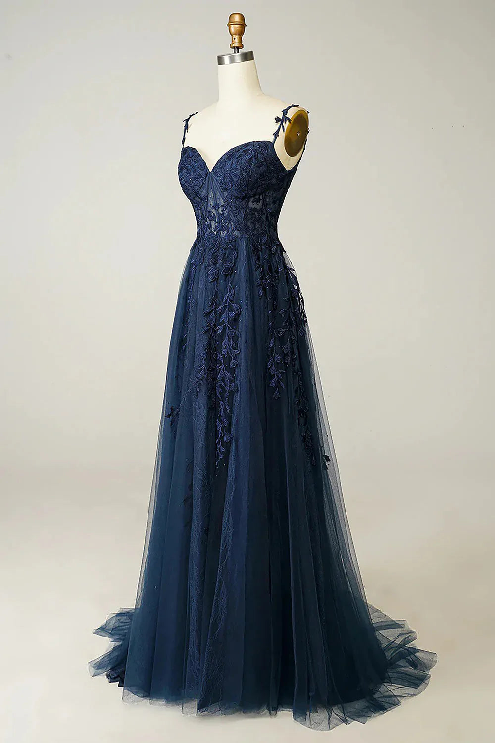 Vestido de fiesta largo azul oscuro con escote corazón, elegante, de tul y encaje, ED080