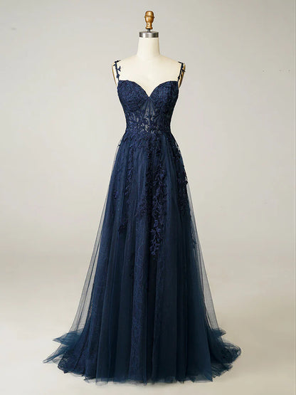 Vestido de fiesta largo azul oscuro con escote corazón, elegante, de tul y encaje, ED080