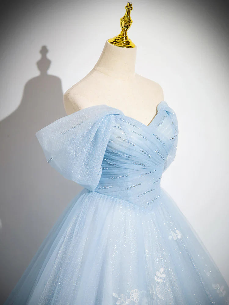 Vestido de fiesta largo azul de tul con lentejuelas y hombros descubiertos, corte A, para quinceañeras, ED081