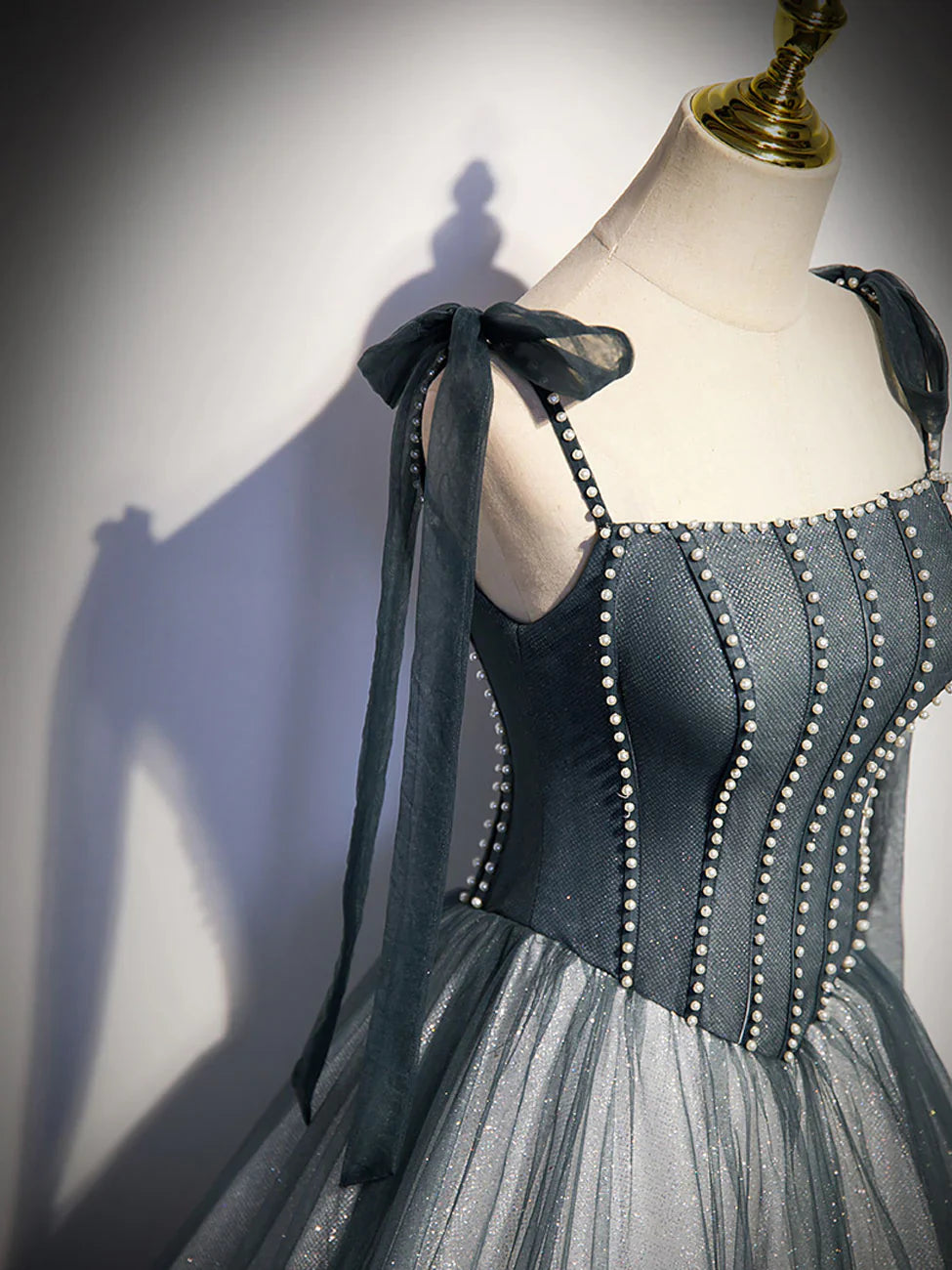 A-Line Tulle Gray Long Prom Dress, Gray Formal Graduation Dress with Beading ED0815