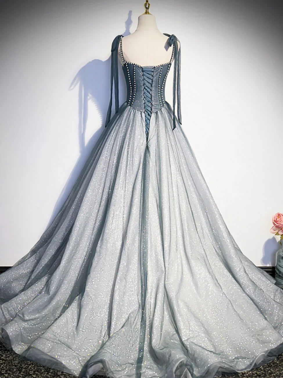 A-Line Tulle Gray Long Prom Dress, Gray Formal Graduation Dress with Beading ED0815