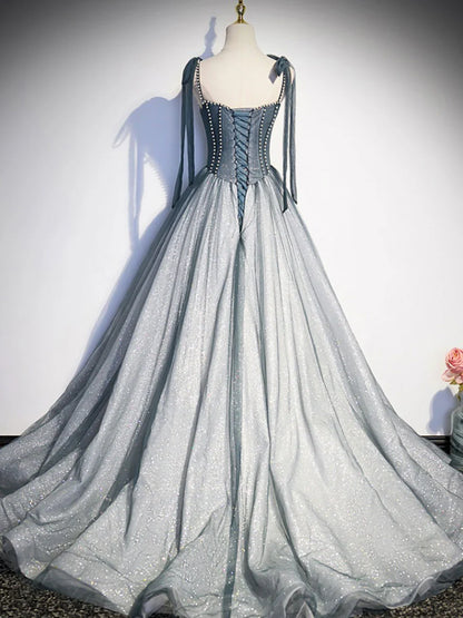 A-Line Tulle Gray Long Prom Dress, Gray Formal Graduation Dress with Beading ED0815