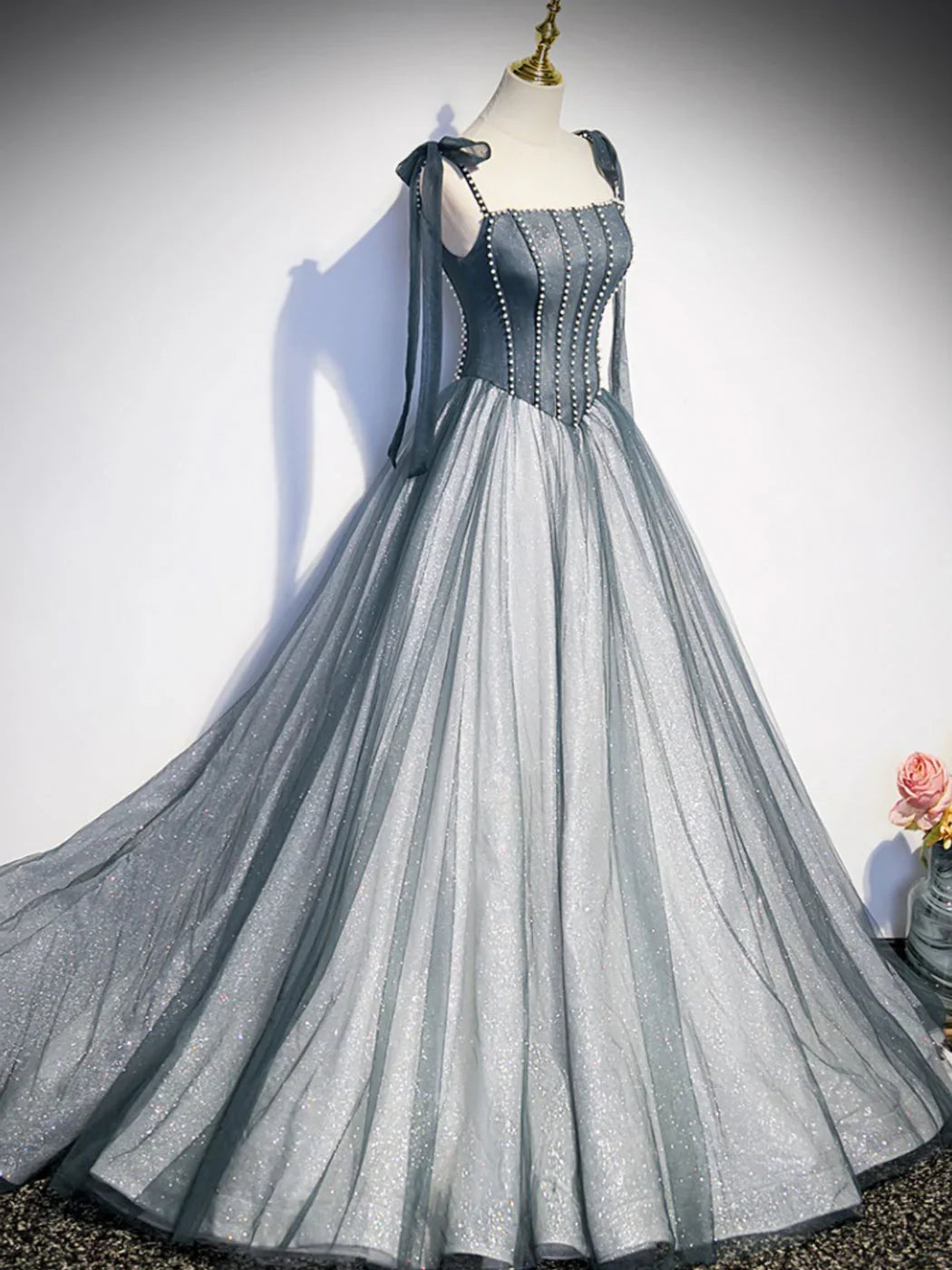 A-Line Tulle Gray Long Prom Dress, Gray Formal Graduation Dress with Beading ED0815