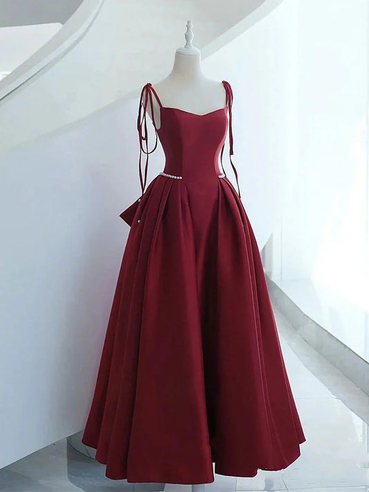 Vestido de fiesta largo burdeos con corte en A, vestido de noche formal de satén burdeos ED0816