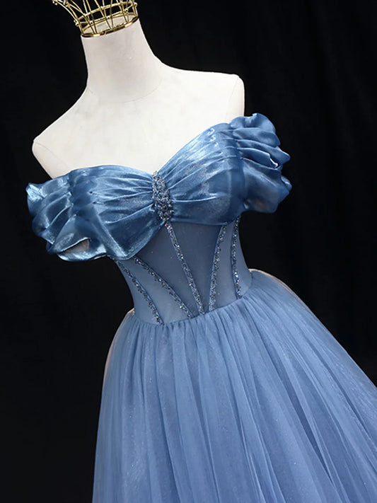 Vestido de fiesta largo de tul azul con hombros descubiertos, vestido formal de tul azul ED0817
